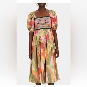 Farm Rio Puff Sleeve Pink Midi Dress Beaded Bodice